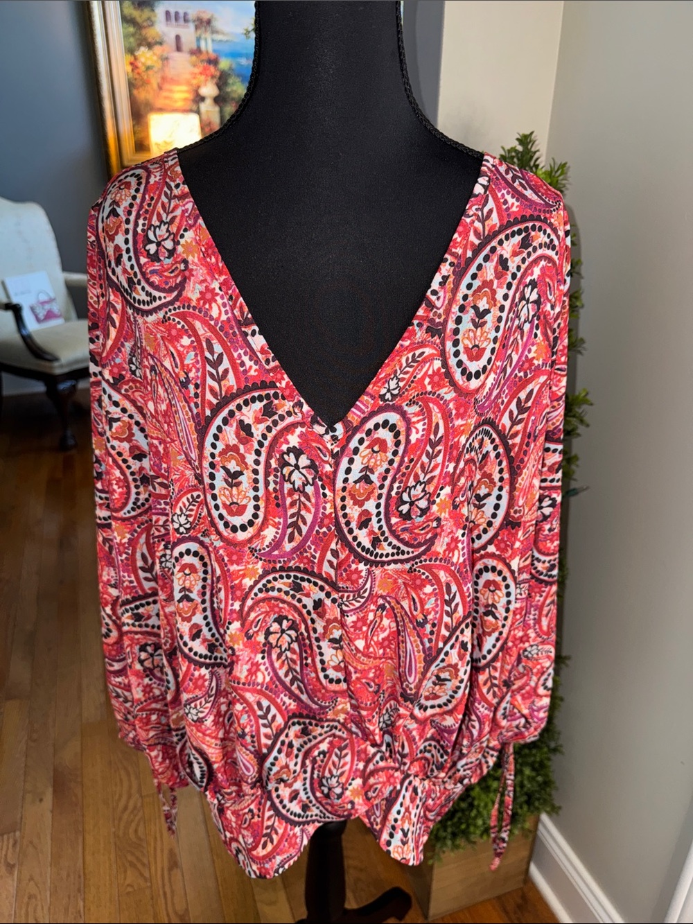 Milan Kiss Pink Paisley V-Neck Blouse with Dolman Tie-Sleeves NWOT